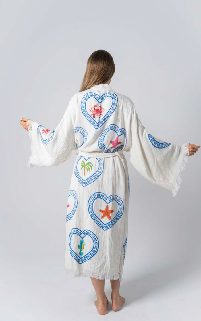 Natural Long Robe - Multi Motif Print