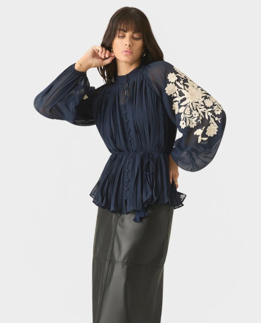 Willow Pleat Blouse Navy